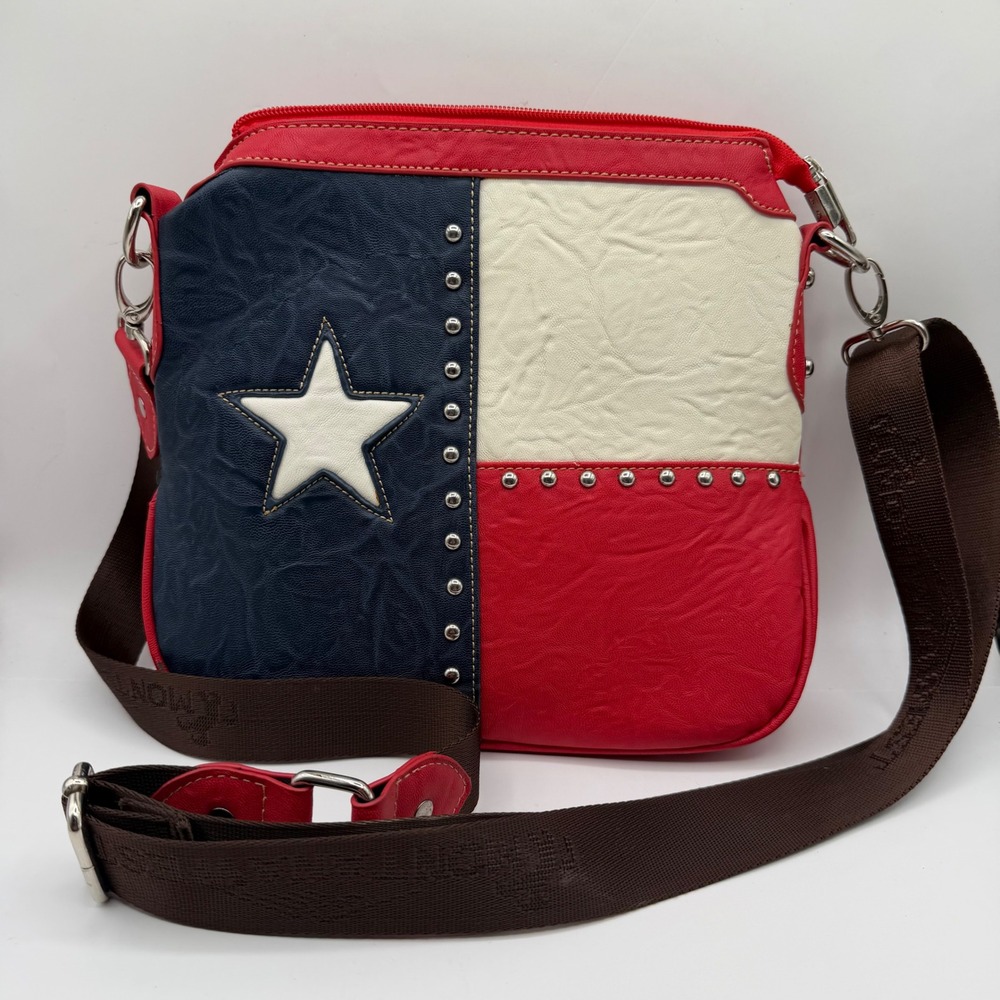 Montana West Texas Lone Star Flag Crossbody Bag Red White Blue Studded Western